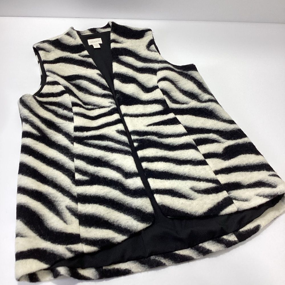 Chico's Felted Wool Vest Zebra Print Black & White Animal Patterned Vest Size L